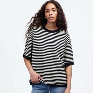 Madewell Relaxed 100% Cashmere Sweater Tee in Heather Ink Stripe | XL | NWT